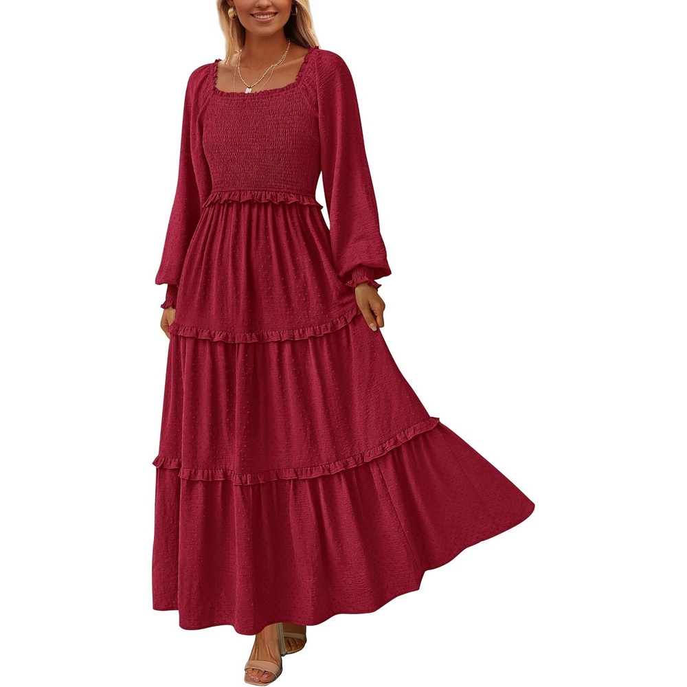 image:imagePRETTYGARDEN Womens Smocked Long Sleeve Maxi Dress Wedding Guest DressesRed