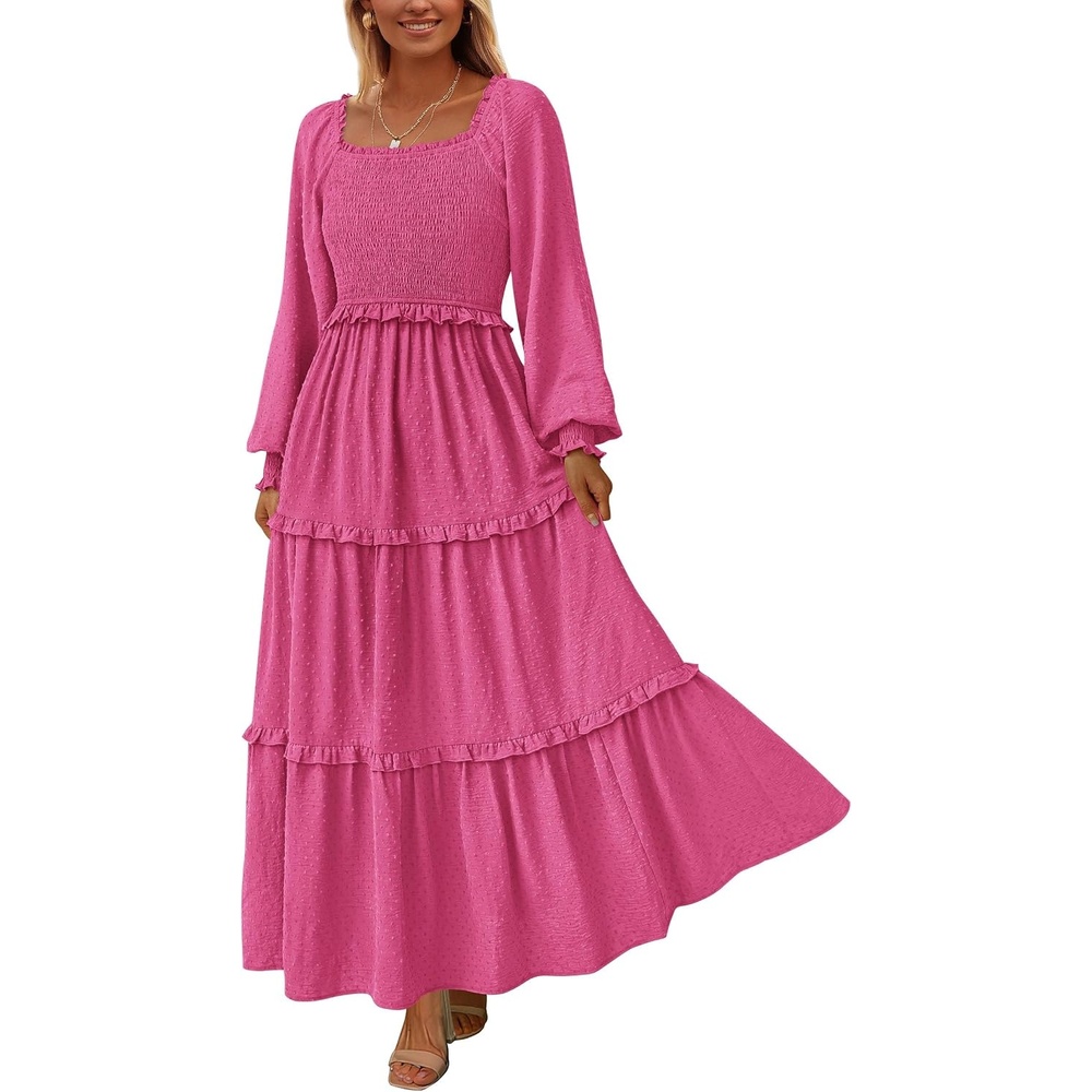 image:imagePRETTYGARDEN Womens Smocked Long Sleeve Maxi Dress Wedding Guest DressesRose Red