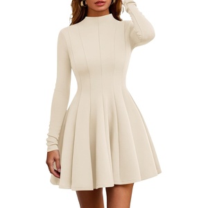 PRETTYGARDEN Fall Dresses for Women Long Sleeve Flowy Mini Homecoming Dress(Beige)