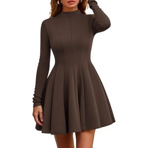 PRETTYGARDEN Fall Dresses for Women Long Sleeve Flowy Mini Homecoming Dress(Brown)
