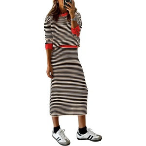 PRETTYGARDEN Women’s 2 Piece Striped Sweater Skirt Set Fall Matching Sets(Beige Black Stripe)