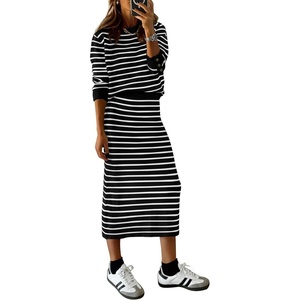 PRETTYGARDEN Women’s 2 Piece Striped Sweater Skirt Set Fall Matching Sets(Black Stripe)