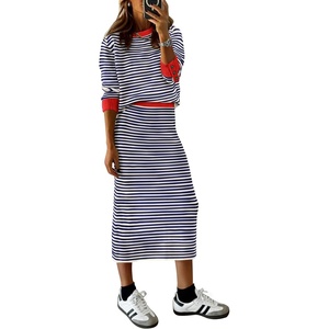 PRETTYGARDEN Women’s 2 Piece Striped Sweater Skirt Set Fall Matching Sets(Dark Blue Stripe)