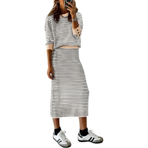 PRETTYGARDEN Women’s 2 Piece Striped Sweater Skirt Set Fall Matching Sets(Grey Stripe)