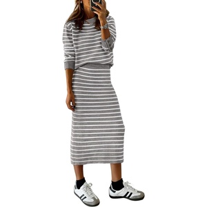 PRETTYGARDEN Women’s 2 Piece Striped Sweater Skirt Set Fall Matching Sets(Grey White Stripe)