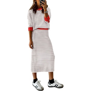 PRETTYGARDEN Women’s 2 Piece Striped Sweater Skirt Set Fall Matching Sets(Light Grey Stripe)