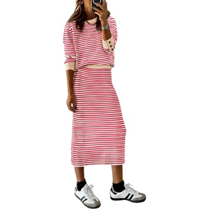 PRETTYGARDEN Women’s 2 Piece Striped Sweater Skirt Set Fall Matching Sets(Pink Stripe)