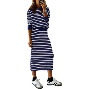 PRETTYGARDEN Women’s 2 Piece Striped Sweater Skirt Set Fall Matching Sets(Royal Blue White Stripe)