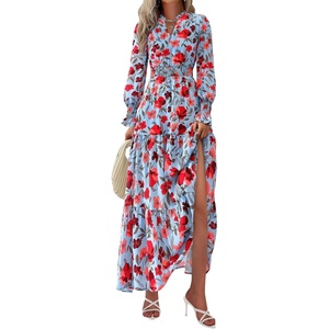 PRETTYGARDEN Women’s Floral Maxi Dress Fall A Line Wedding Guest Dresses(Floral Blue Red)