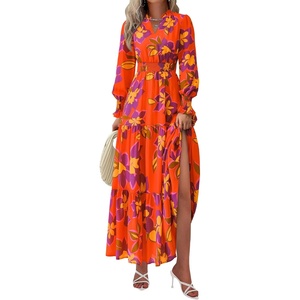 PRETTYGARDEN Women’s Floral Maxi Dress Fall A Line Wedding Guest Dresses(Floral Orange Purple)