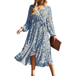 PRETTYGARDEN Womens Long Sleeve Boho Maxi Fall Floral Wedding Guest Dresses(Floral Blue)