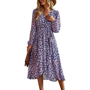 PRETTYGARDEN Womens Long Sleeve Boho Maxi Fall Floral Wedding Guest Dresses(Floral Navy)