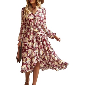 PRETTYGARDEN Womens Long Sleeve Boho Maxi Fall Floral Wedding Guest Dresses(Floral Wine Red)