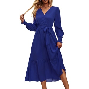 PRETTYGARDEN Womens Long Sleeve Boho Maxi Fall Floral Wedding Guest Dresses(Solid Blue)