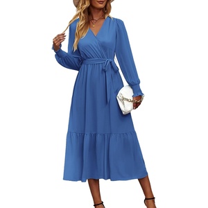PRETTYGARDEN Womens Long Sleeve Boho Maxi Fall Floral Wedding Guest Dresses(Solid Dark Bule)