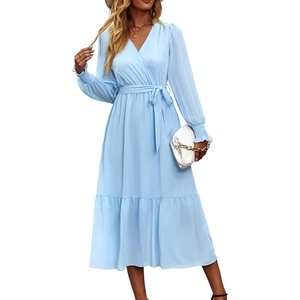 PRETTYGARDEN Womens Long Sleeve Boho Maxi Fall Floral Wedding Guest Dresses(Solid Light Blue)