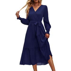 PRETTYGARDEN Womens Long Sleeve Boho Maxi Fall Floral Wedding Guest Dresses(Solid Navy)