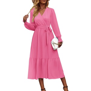 PRETTYGARDEN Womens Long Sleeve Boho Maxi Fall Floral Wedding Guest Dresses(Solid Rose Pink)