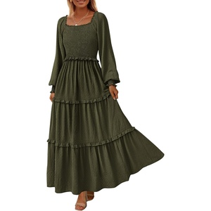 PRETTYGARDEN Women’s Smocked Long Sleeve Maxi Dress Wedding Guest Dresses(Army Green)