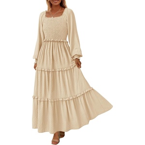 PRETTYGARDEN Women’s Smocked Long Sleeve Maxi Dress Wedding Guest Dresses(Beige)