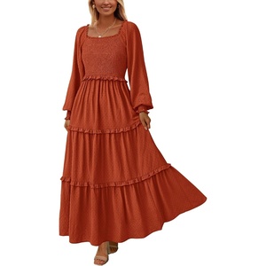 PRETTYGARDEN Women’s Smocked Long Sleeve Maxi Dress Wedding Guest Dresses(Brick Red)