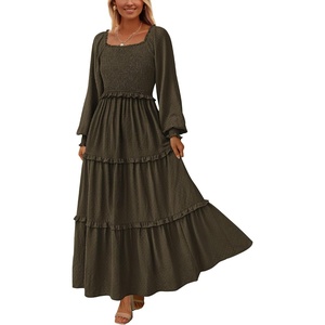 PRETTYGARDEN Women’s Smocked Long Sleeve Maxi Dress Wedding Guest Dresses(Dark Army Green)