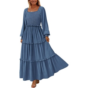 PRETTYGARDEN Women’s Smocked Long Sleeve Maxi Dress Wedding Guest Dresses(Dark Blue)