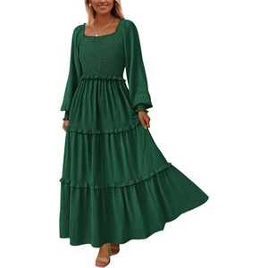 PRETTYGARDEN Women’s Smocked Long Sleeve Maxi Dress Wedding Guest Dresses(Dark Green)