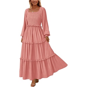 PRETTYGARDEN Women’s Smocked Long Sleeve Maxi Dress Wedding Guest Dresses(Dusty Pink)