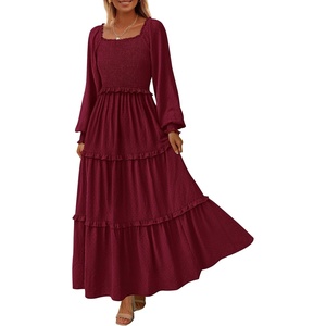 PRETTYGARDEN Women’s Smocked Long Sleeve Maxi Dress Wedding Guest Dresses(Wine Red)