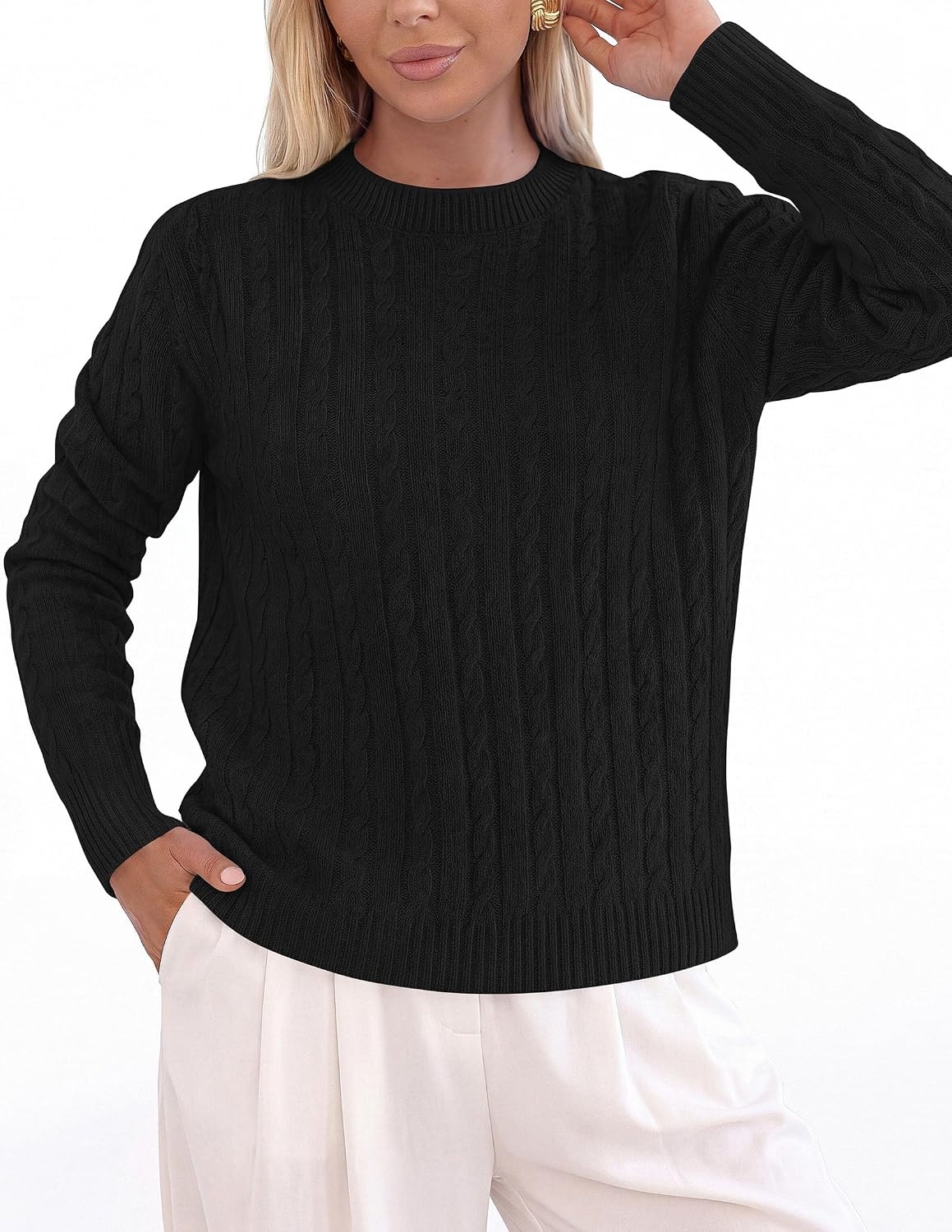 image:imagePRETTYGARDEN Womens Cable Knit Crewneck Fall Sweater Long Sleeve Tops 2026Black