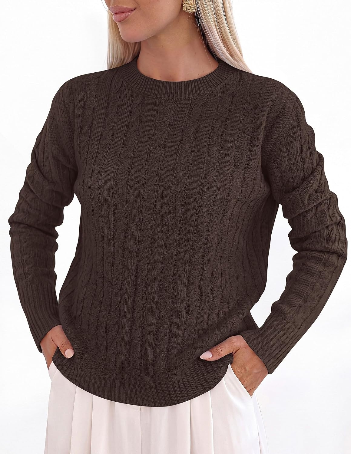 image:imagePRETTYGARDEN Womens Cable Knit Crewneck Fall Sweater Long Sleeve Tops 2026Brown