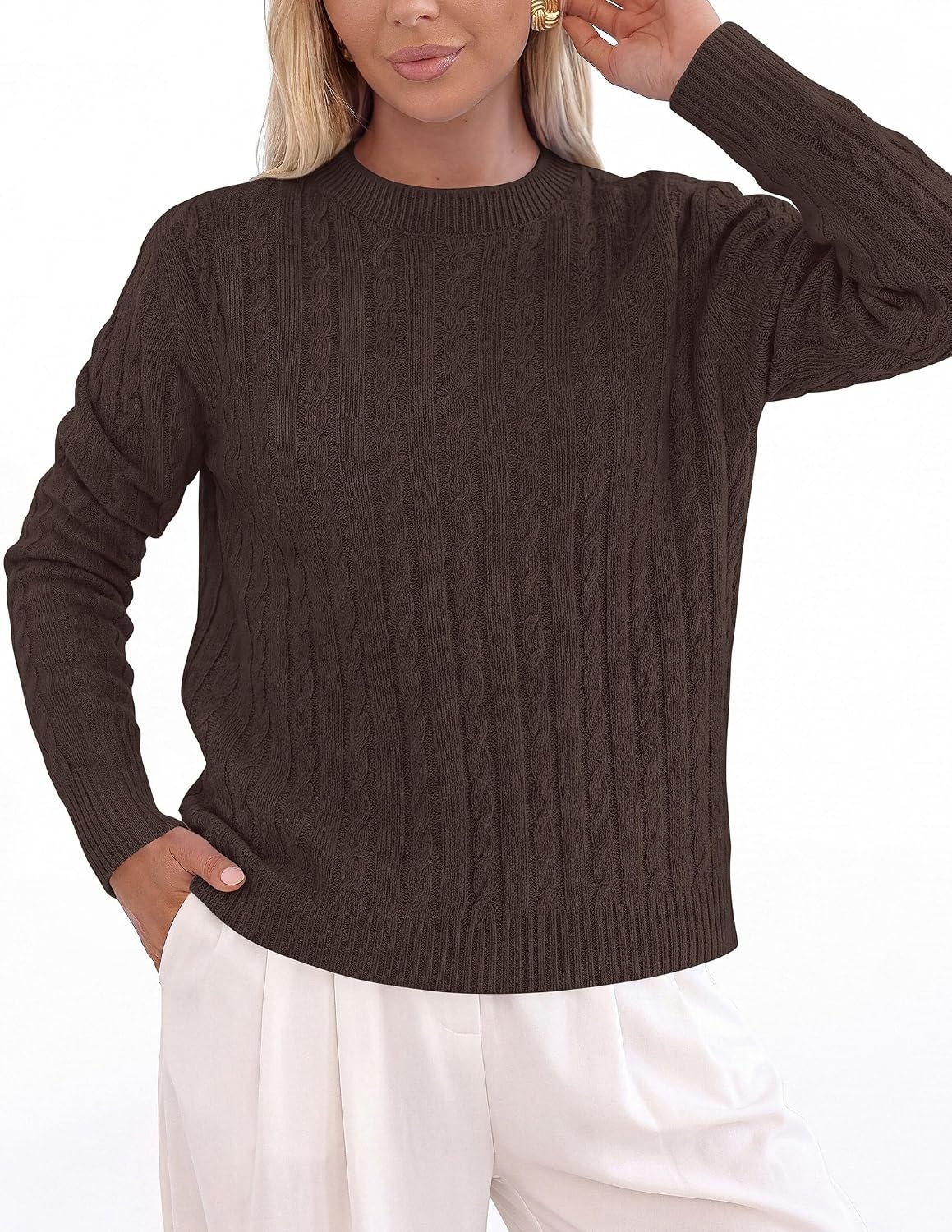 image:imagePRETTYGARDEN Womens Cable Knit Crewneck Fall Sweater Long Sleeve Tops 2026Brown