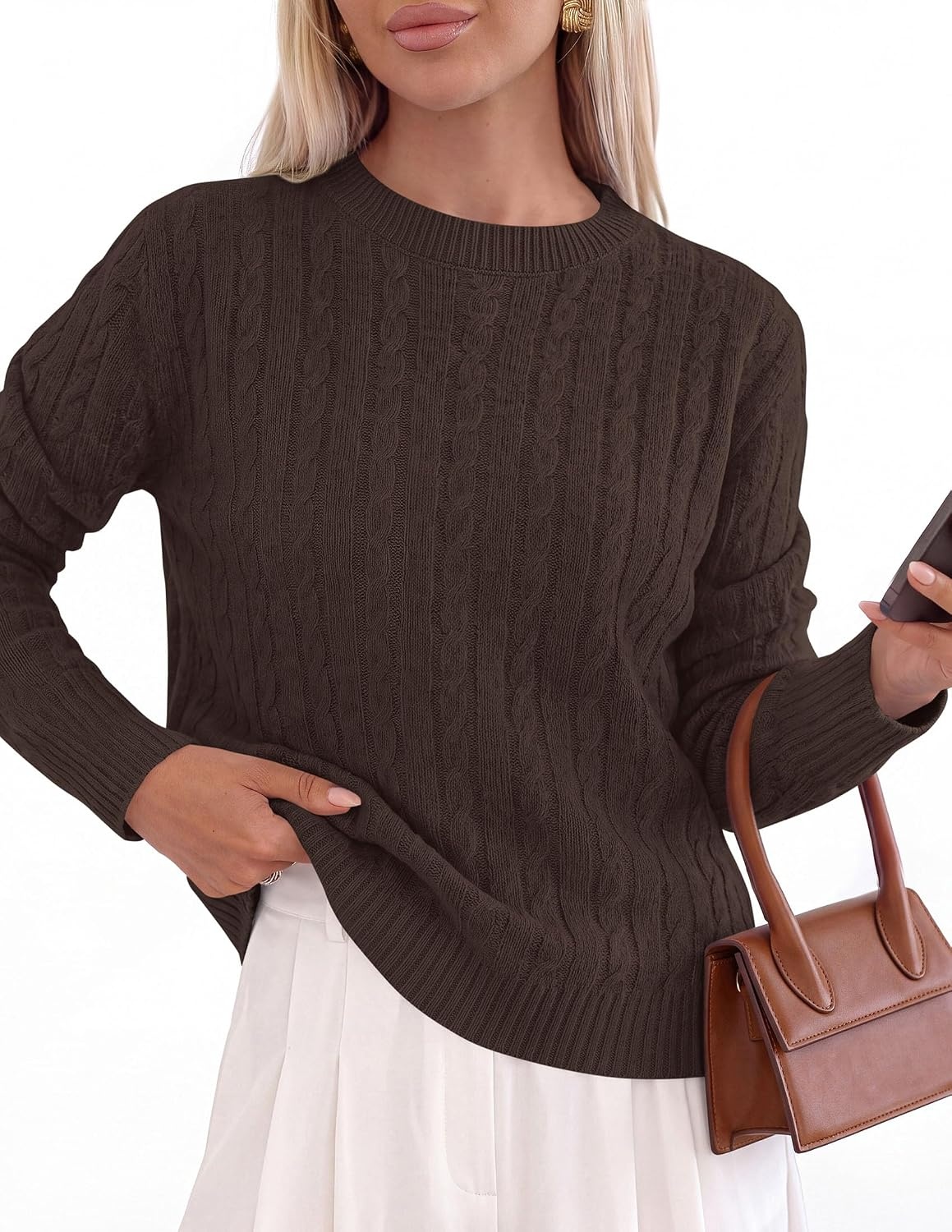 image:imagePRETTYGARDEN Womens Cable Knit Crewneck Fall Sweater Long Sleeve Tops 2026Brown