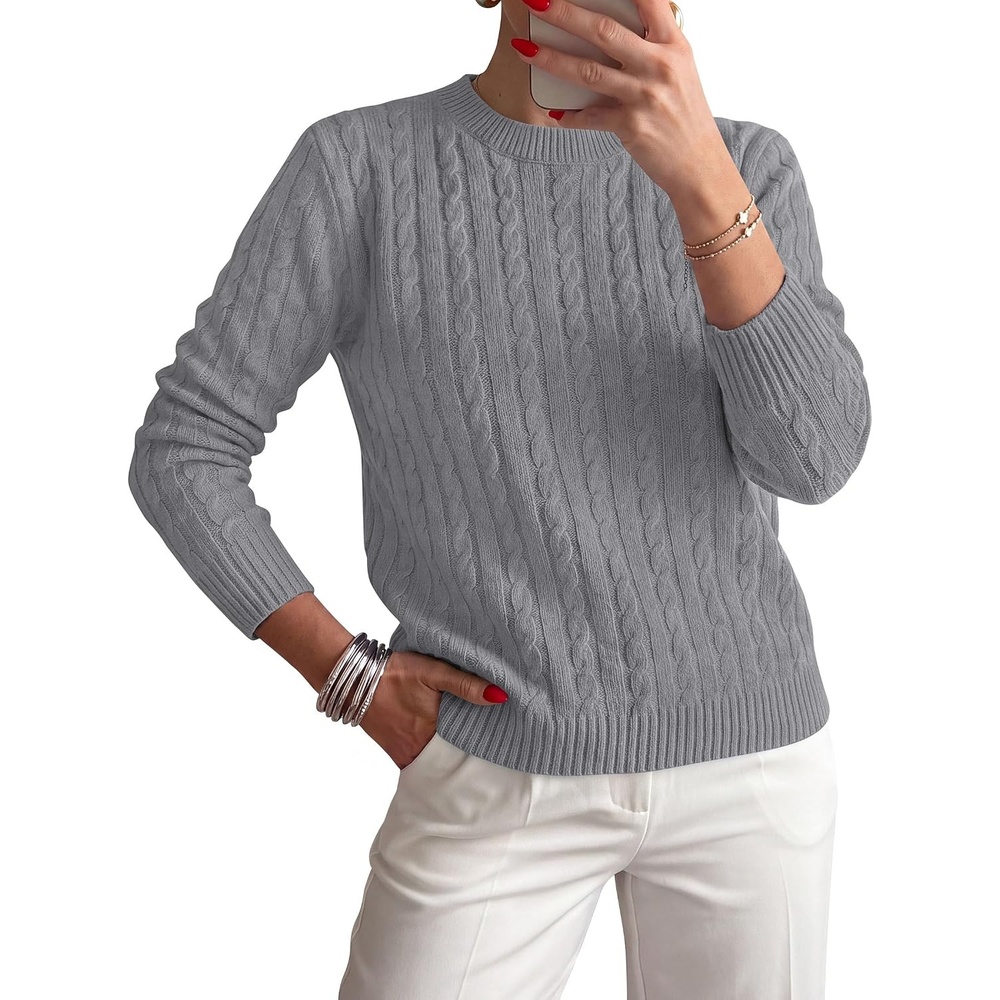 image:imagePRETTYGARDEN Womens Cable Knit Crewneck Fall Sweater Long Sleeve Tops 2026Grey