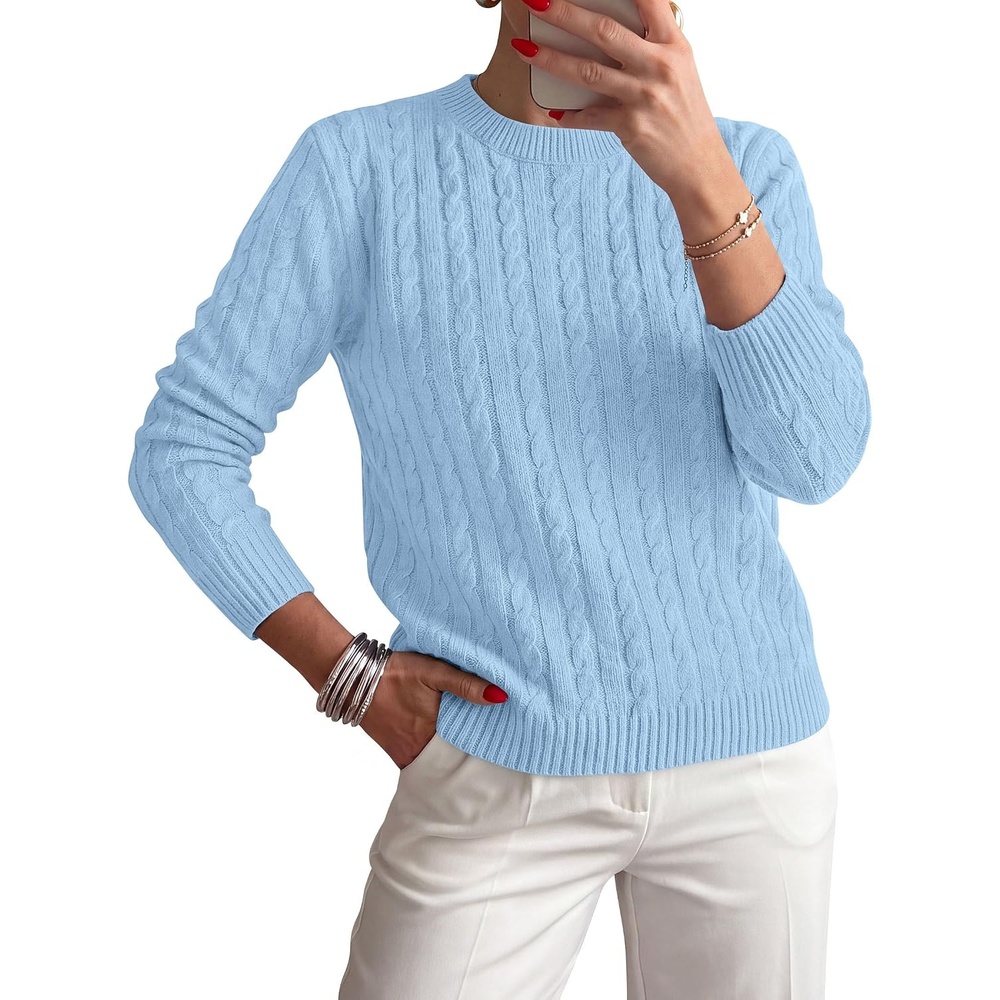 image:imagePRETTYGARDEN Womens Cable Knit Crewneck Fall Sweater Long Sleeve Tops 2026Light Blue