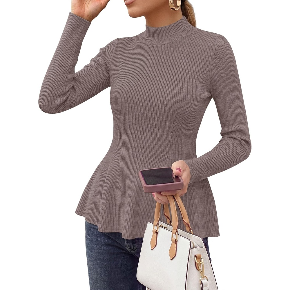 image:imagePRETTYGARDEN Womens Long Sleeve Peplum Tops Knit Pullover Fall SweatersKhaki