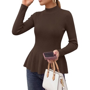 PRETTYGARDEN Women’s Long Sleeve Peplum Tops Knit Pullover Fall Sweaters(Brown)