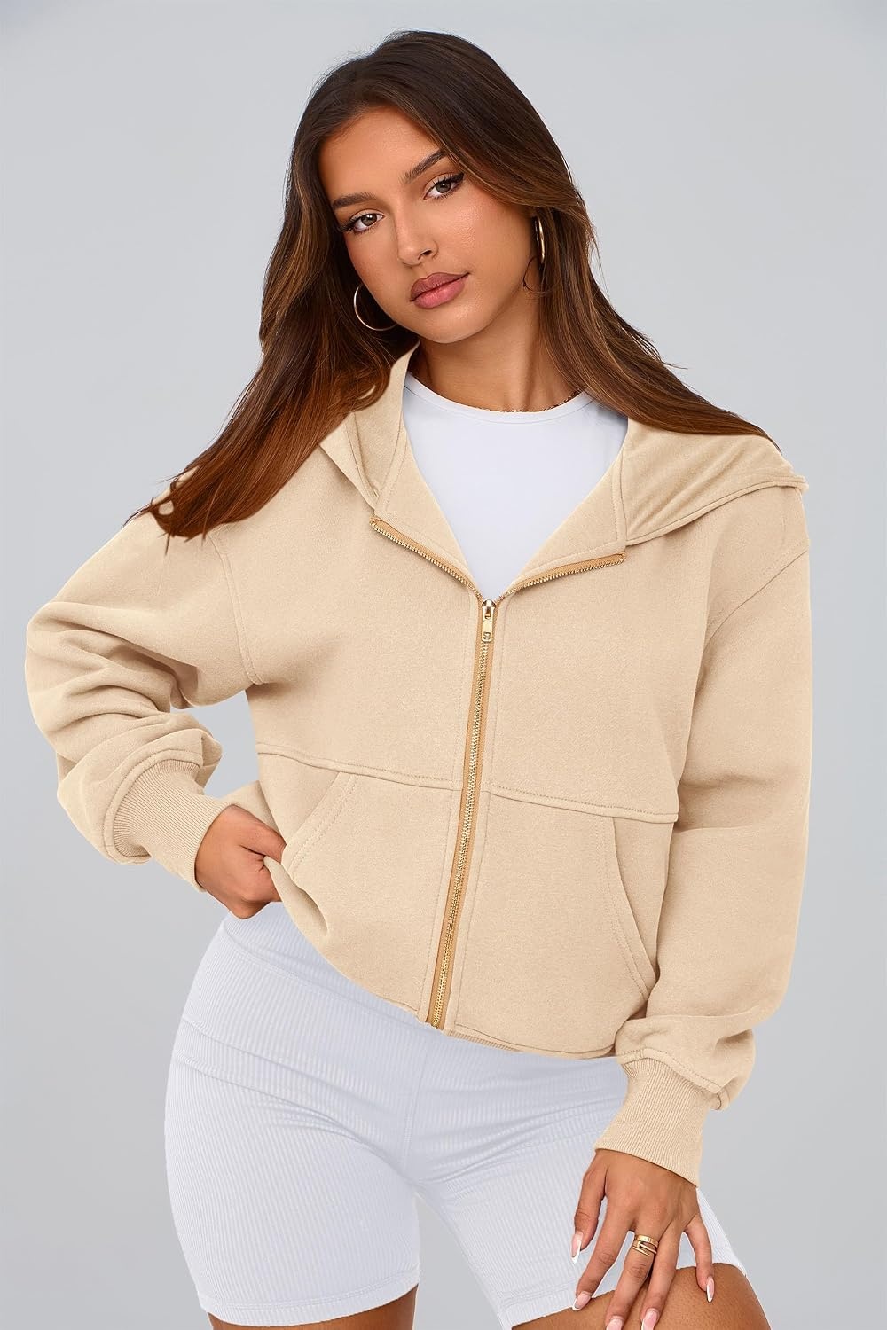 image:imagePRETTYGARDEN Hoodies for Women Fall Fashion Zip Up Fleece Plain SweatshirtApricot