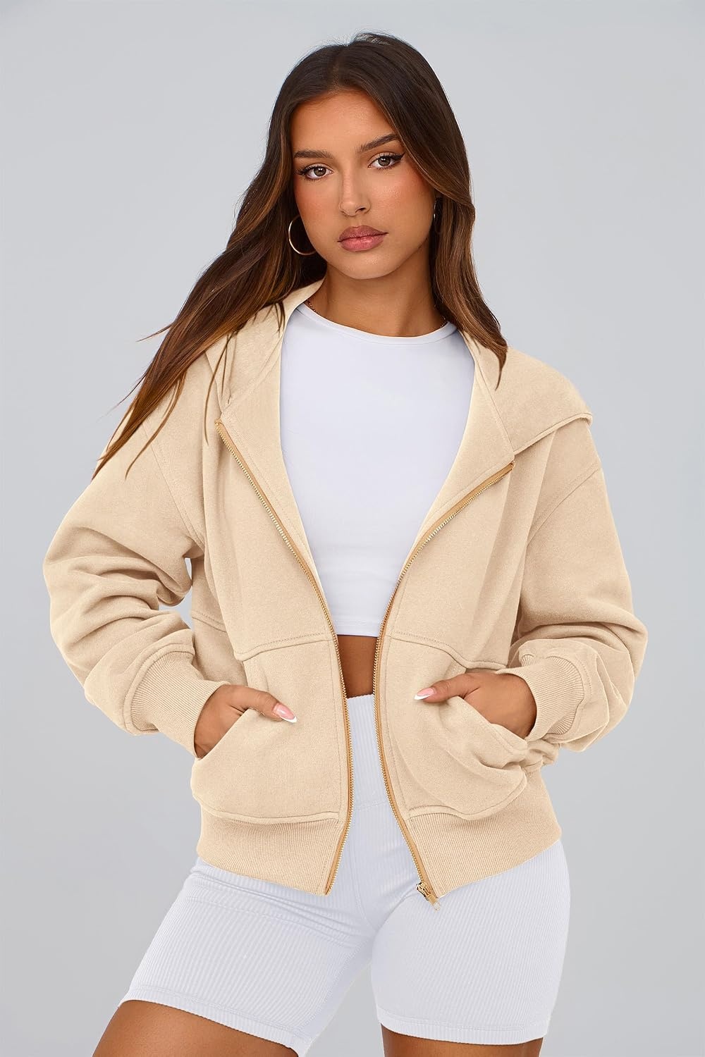 image:imagePRETTYGARDEN Hoodies for Women Fall Fashion Zip Up Fleece Plain SweatshirtApricot