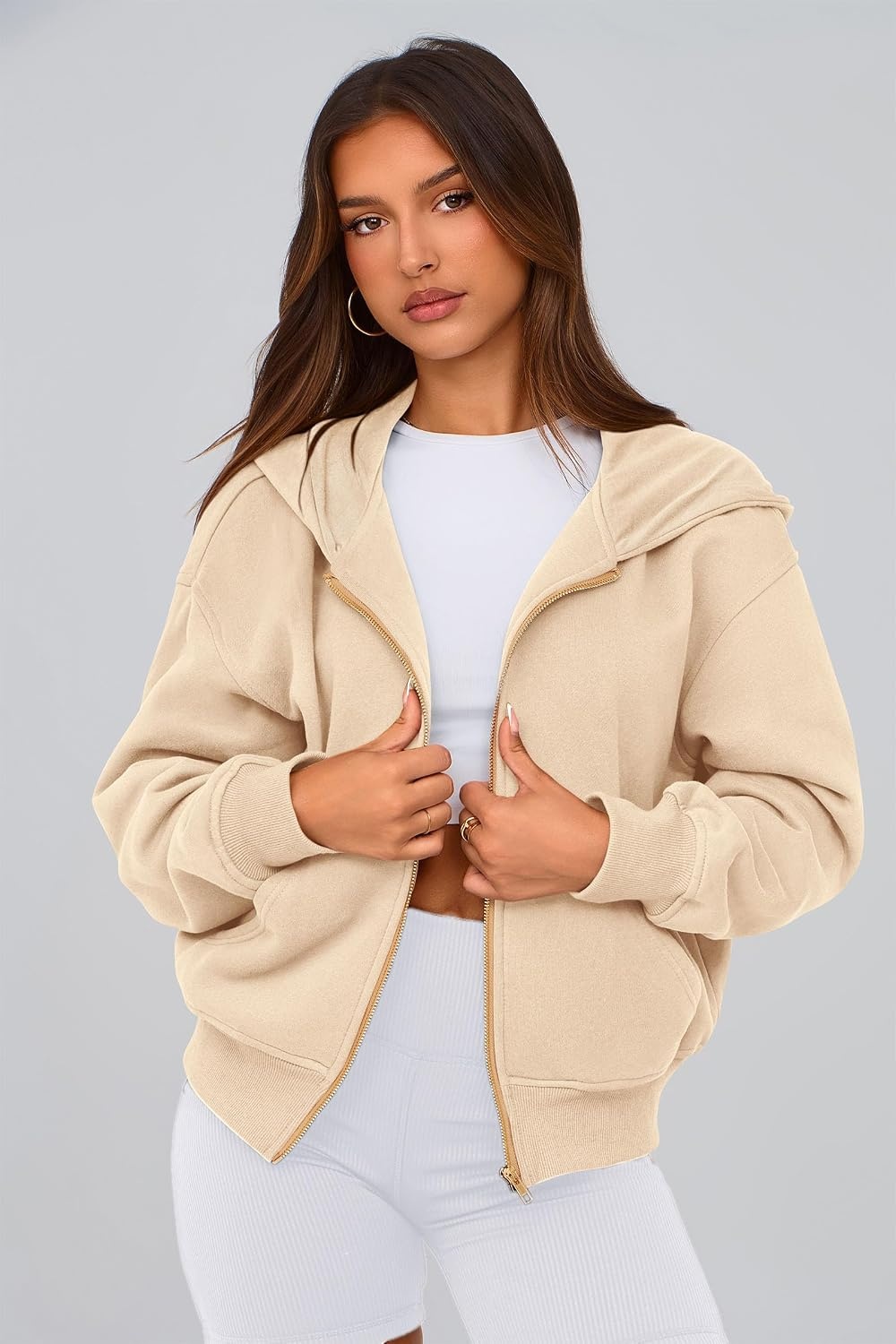 image:imagePRETTYGARDEN Hoodies for Women Fall Fashion Zip Up Fleece Plain SweatshirtApricot