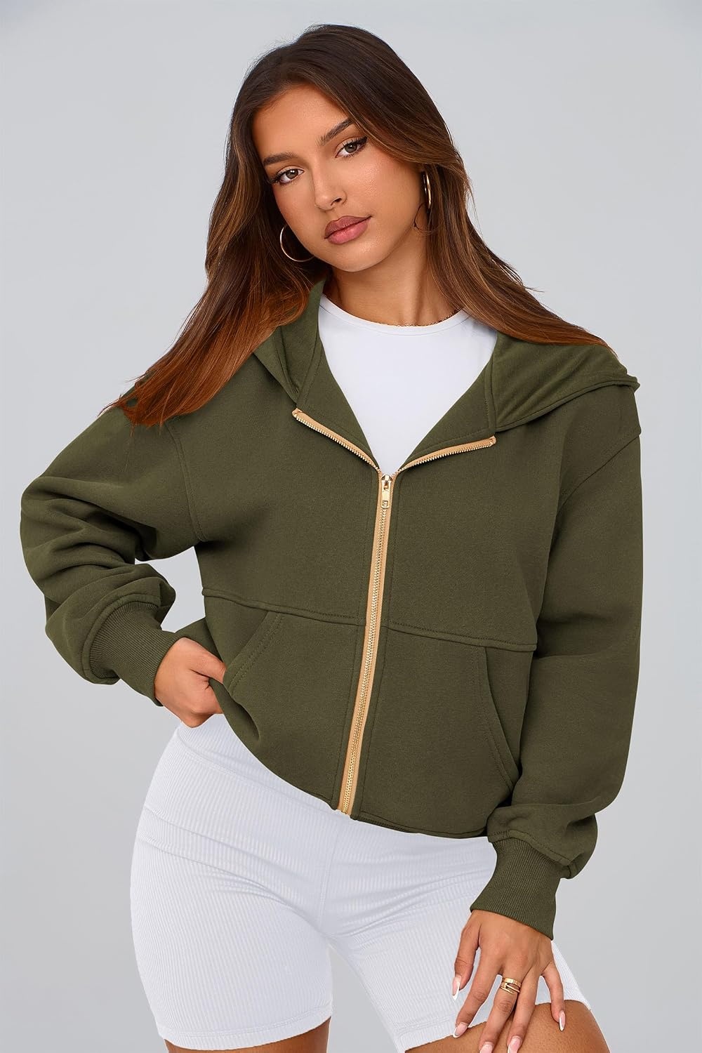 image:imagePRETTYGARDEN Hoodies for Women Fall Fashion Zip Up Fleece Plain SweatshirtArmy Green