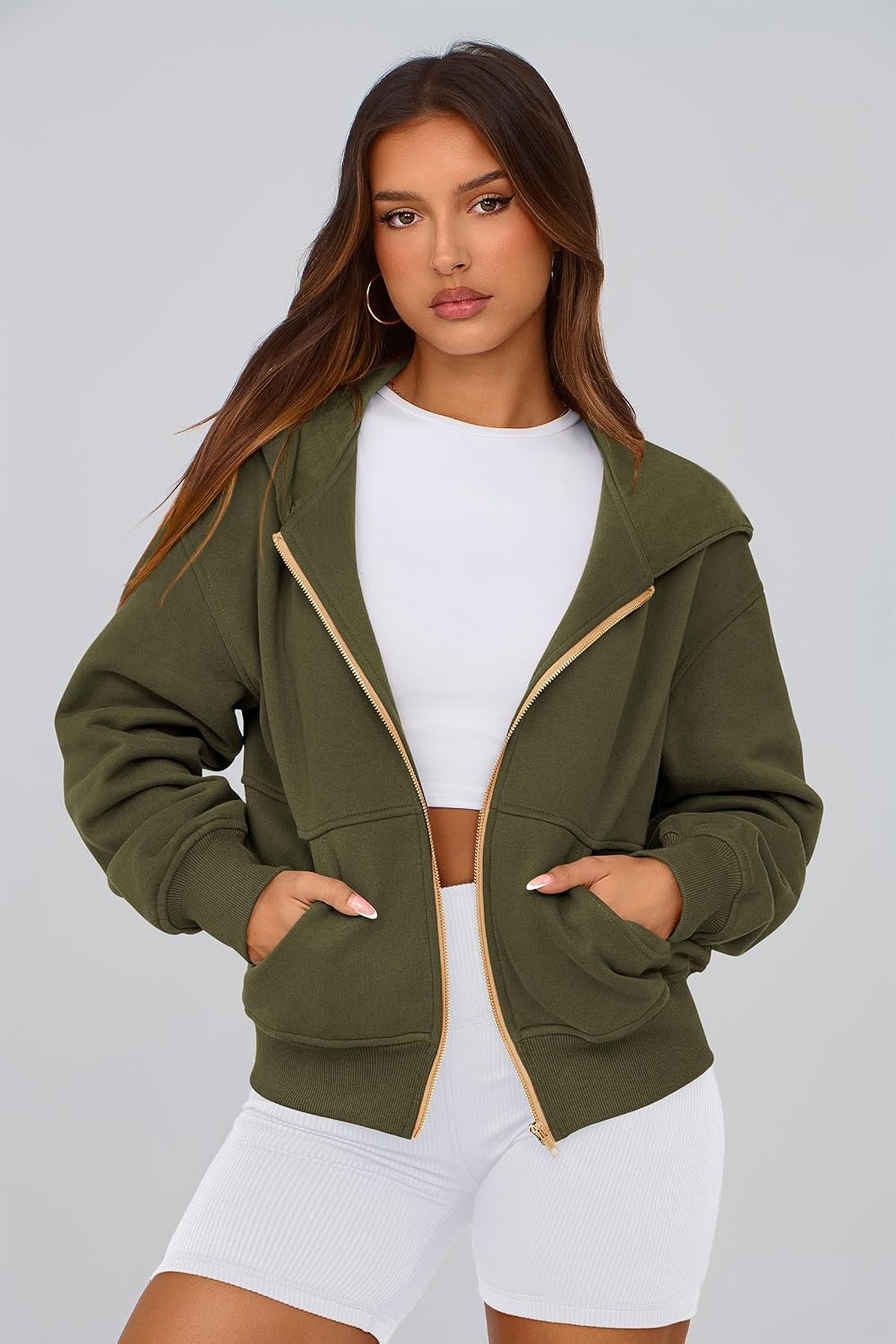 image:imagePRETTYGARDEN Hoodies for Women Fall Fashion Zip Up Fleece Plain SweatshirtArmy Green