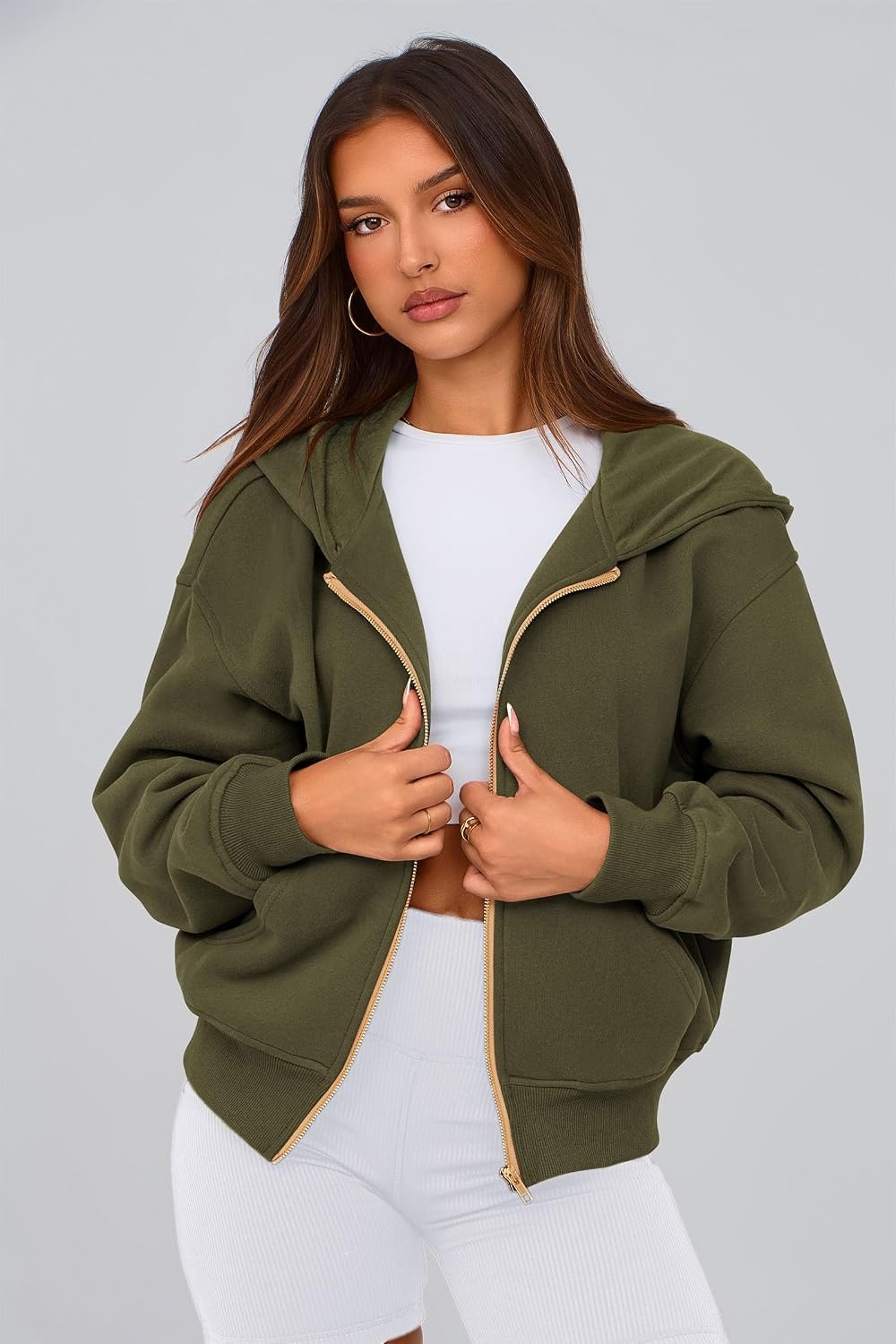 image:imagePRETTYGARDEN Hoodies for Women Fall Fashion Zip Up Fleece Plain SweatshirtArmy Green