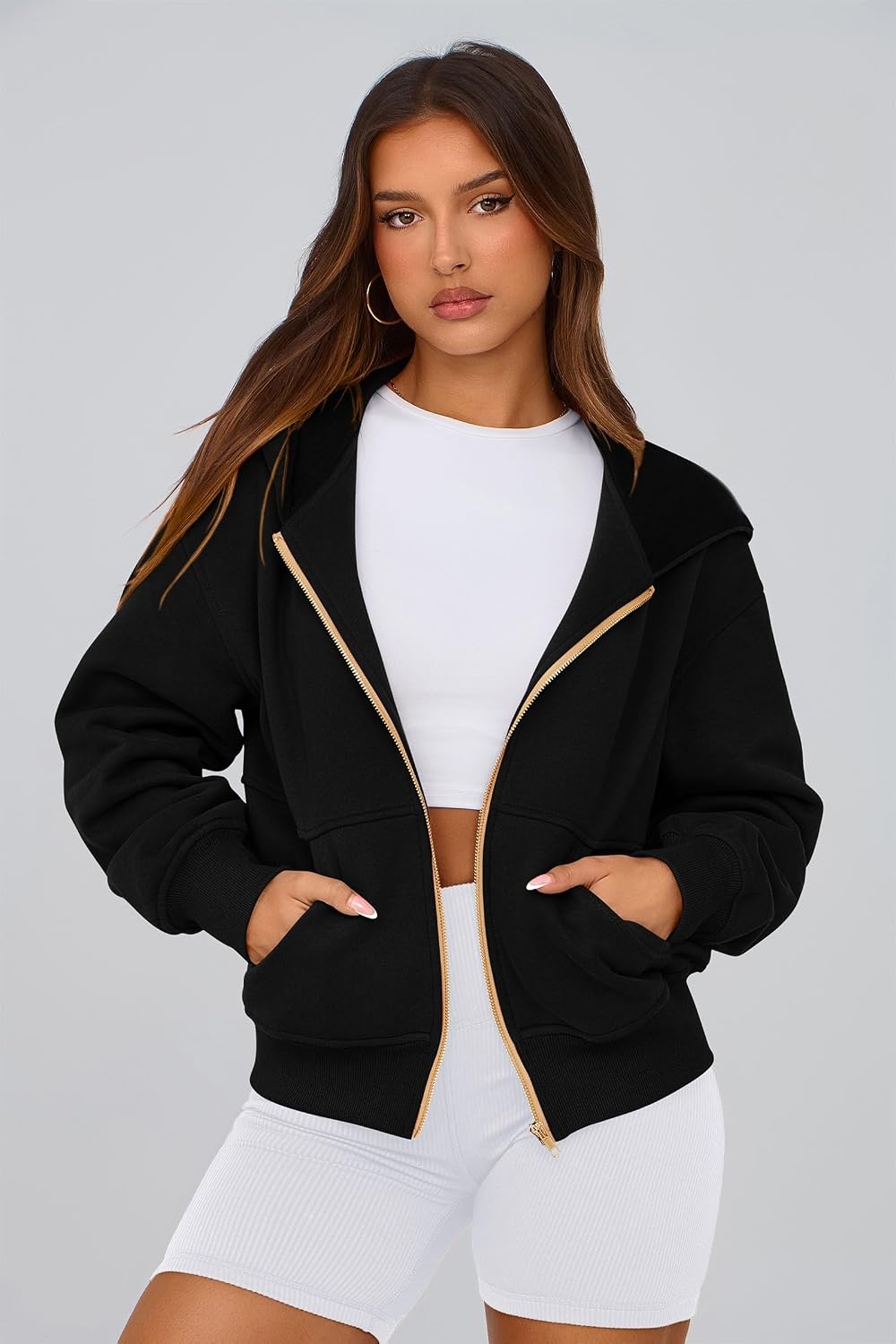 image:imagePRETTYGARDEN Hoodies for Women Fall Fashion Zip Up Fleece Plain SweatshirtBlack