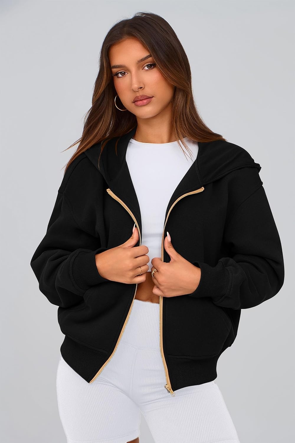 image:imagePRETTYGARDEN Hoodies for Women Fall Fashion Zip Up Fleece Plain SweatshirtBlack