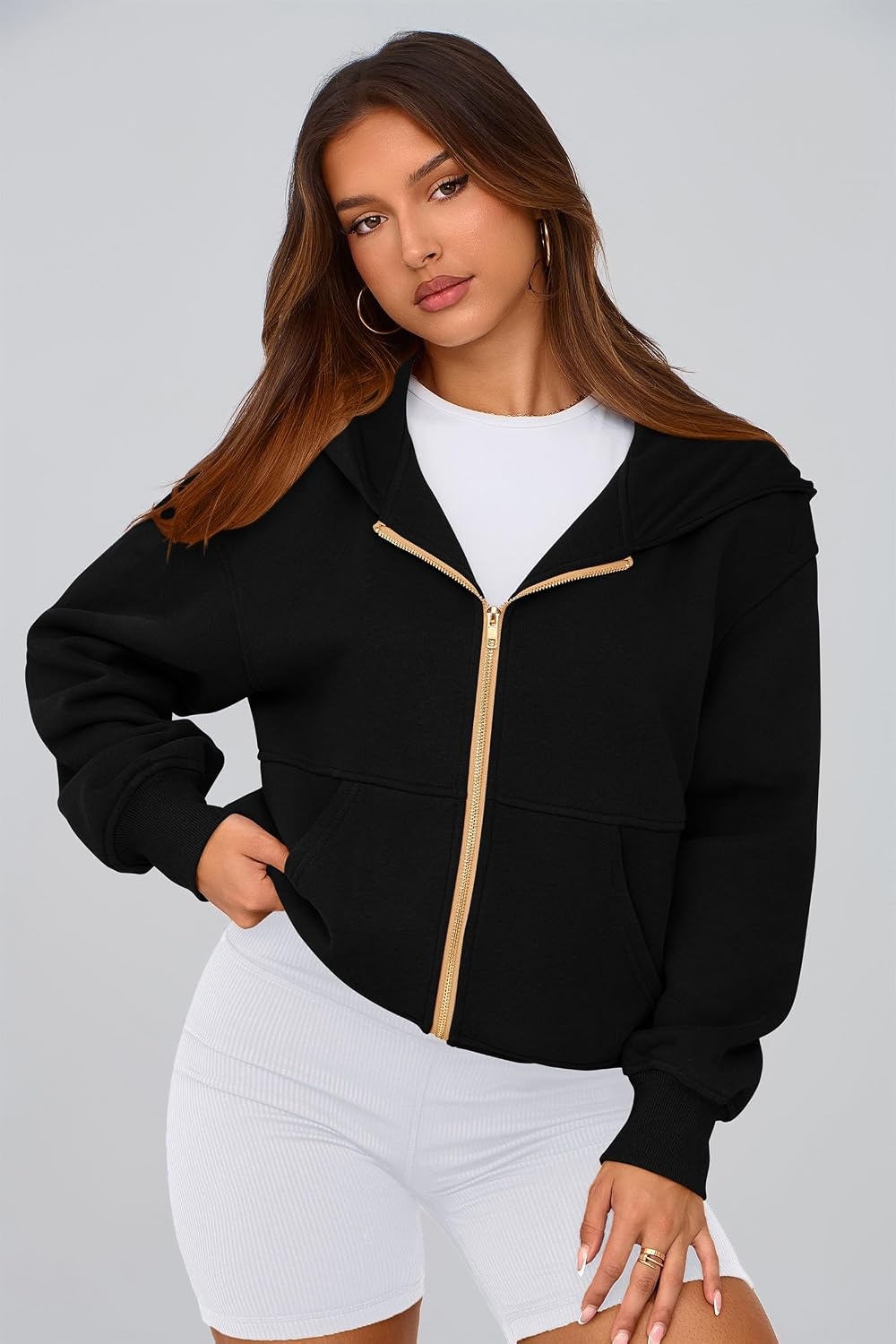 image:imagePRETTYGARDEN Hoodies for Women Fall Fashion Zip Up Fleece Plain SweatshirtBlack