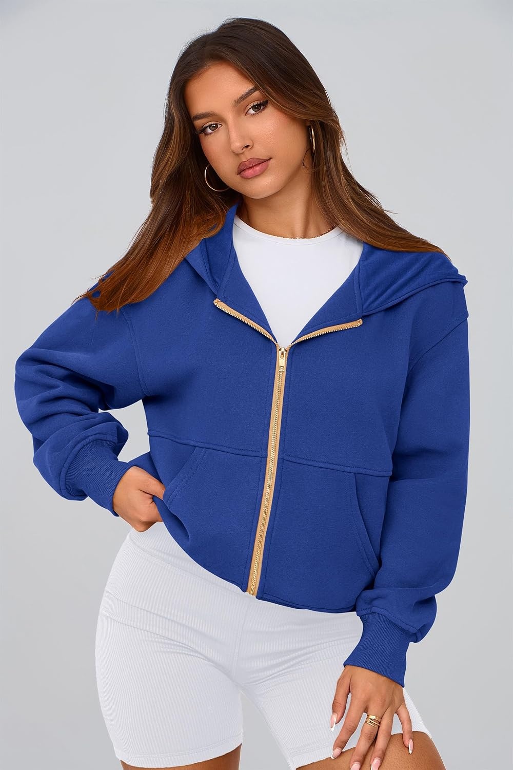 image:imagePRETTYGARDEN Hoodies for Women Fall Fashion Zip Up Fleece Plain SweatshirtBright Blue