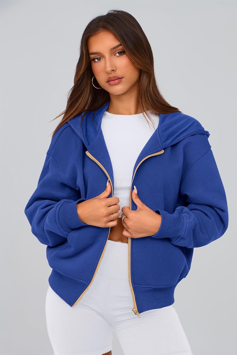 image:imagePRETTYGARDEN Hoodies for Women Fall Fashion Zip Up Fleece Plain SweatshirtBright Blue