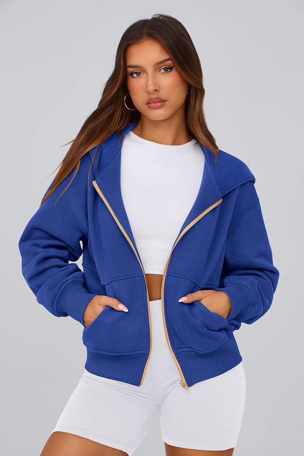 image:imagePRETTYGARDEN Hoodies for Women Fall Fashion Zip Up Fleece Plain SweatshirtBright Blue